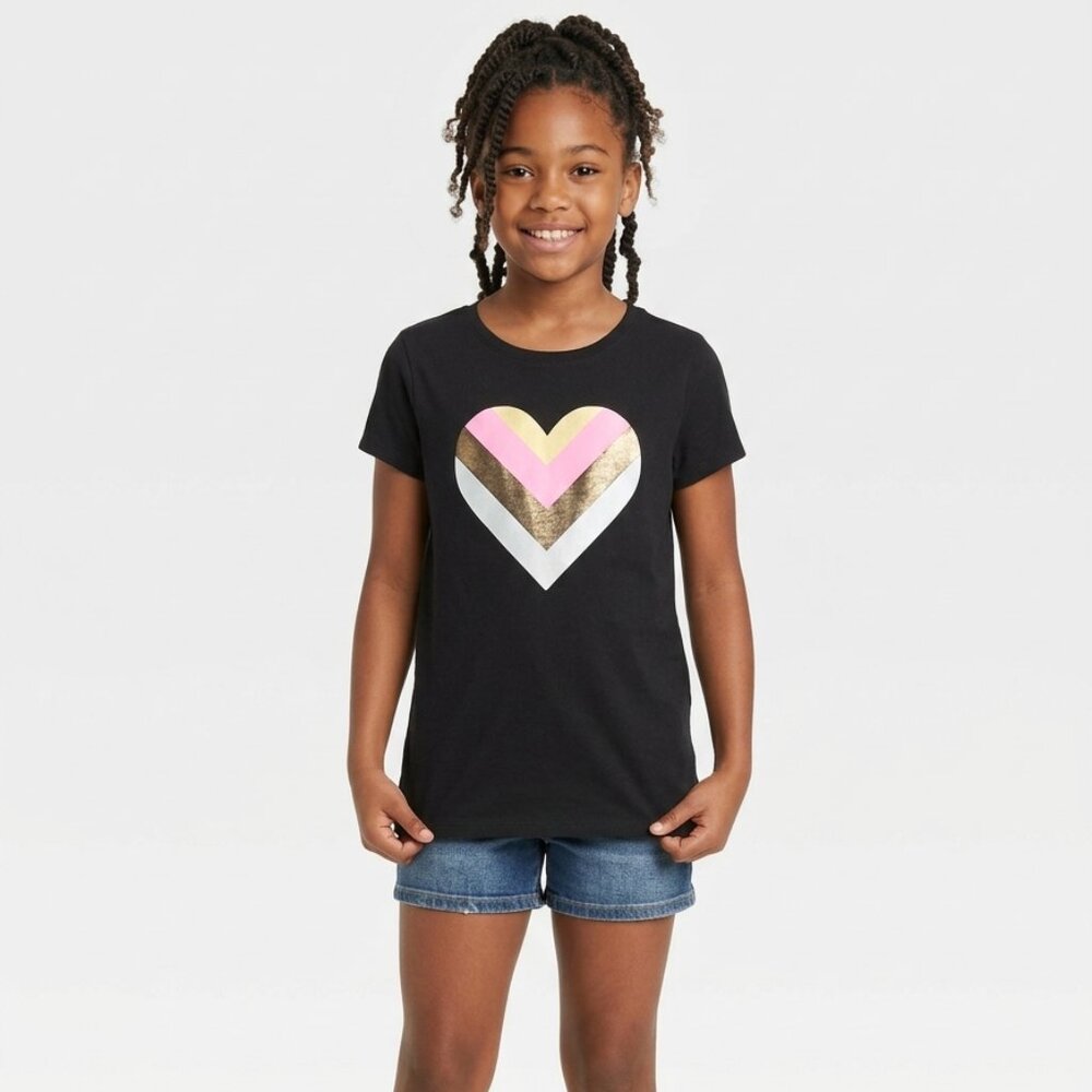 CAT & JACK BRAND Black w/Multi-Color Heart Graphic Short Sleeve Tee - L (10/12)